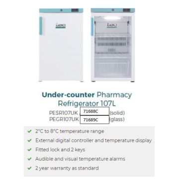 LEC PESR107UK 107L Solid Door Pharmacy Essential Fridge Size 495mm W x 830mm H x 620mm D