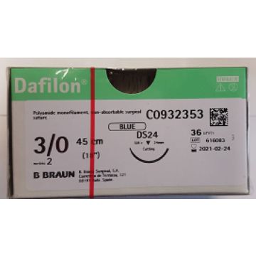 B.Braun Dafilon Suture 3/0x45cm+24mm Dermaslide® Needle (36 Pack)