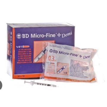 324826 BD Micro-Fine + Demi Insulin Syringe 0.3ml with 30G x 8mm Needle - Pack of 100