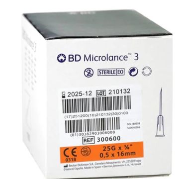 BD Microlance™ 3 Needles  Gauge 25G - length inch 5/8" ( 16mm) regular wall and  bevel - orange - pack 100