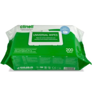 Clinell Universal Sanitising Wipes Pack 200  x 200mm x 280mm
