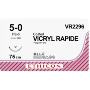 Johnson & Johnson Ethicon Coated Vicryl Rapide Sutures, 75cm (l), Size 5/0 + 16mm FS-3 RC Needle (Pack of 36)