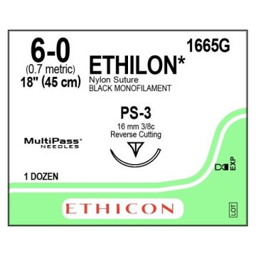 Johnson & Johnson Ethicon Ethilon Sutures, 45cm (l), Size 6/0 + 16mm RC Needle (Pack of 12)