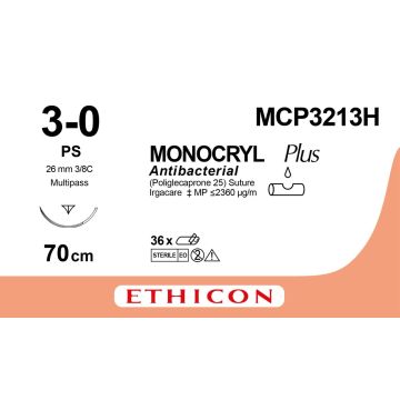 Ethicon Monocryl Plus Antibacterial Suture, 70cm (l), Size 3-0 + 26mm RC Needle (36 Pack)