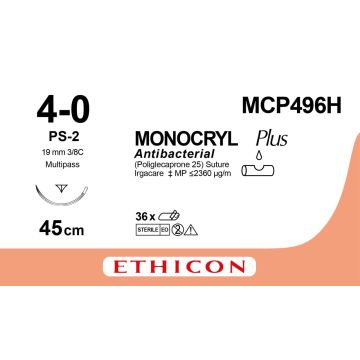 Ethicon Monocryl Plus Antibacterial Suture, 45cm (l), Size 4-0 + 19mm RC Needle (36 Pack)