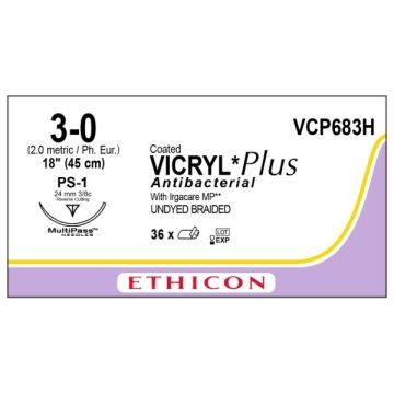 Ethicon Coated Vicryl Plus Antibacterial Sutures, 45cm (l), Size 3-0 + 24mm RC Needle (36 Pack)