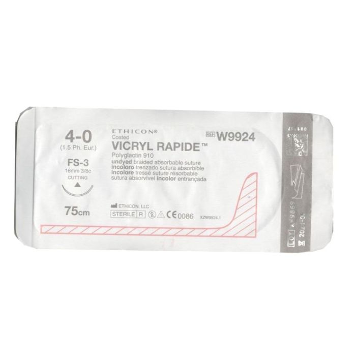 Johnson & Johnson Ethicon Coated Vicryl Rapide Sutures, 75 cm (l), Size 4/0 + 16mm FS-3 CC Needle (Pack of 12)
