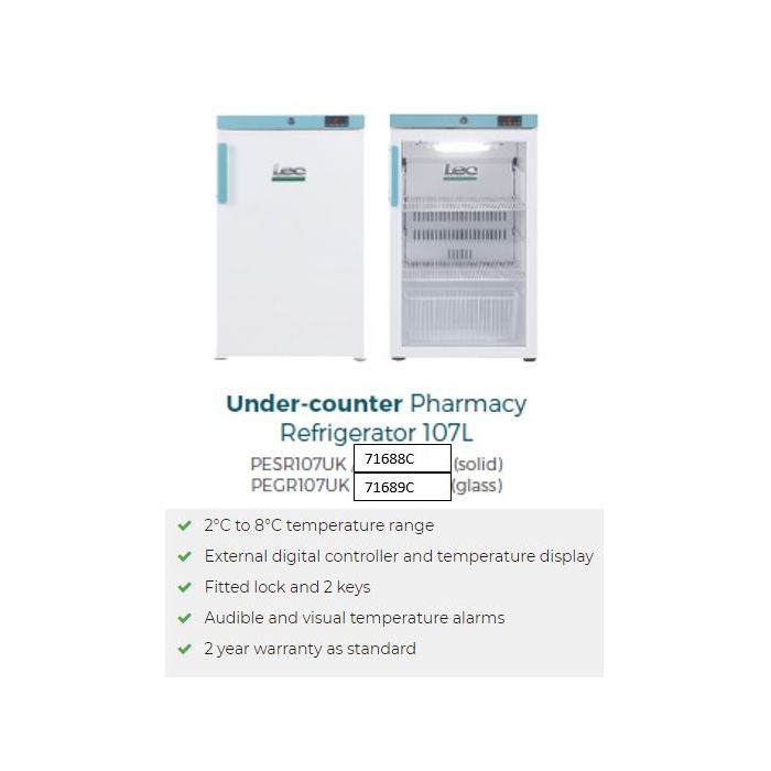 LEC PESR107UK 107L Solid Door Pharmacy Essential Fridge Size 495mm W x 830mm H x 620mm D