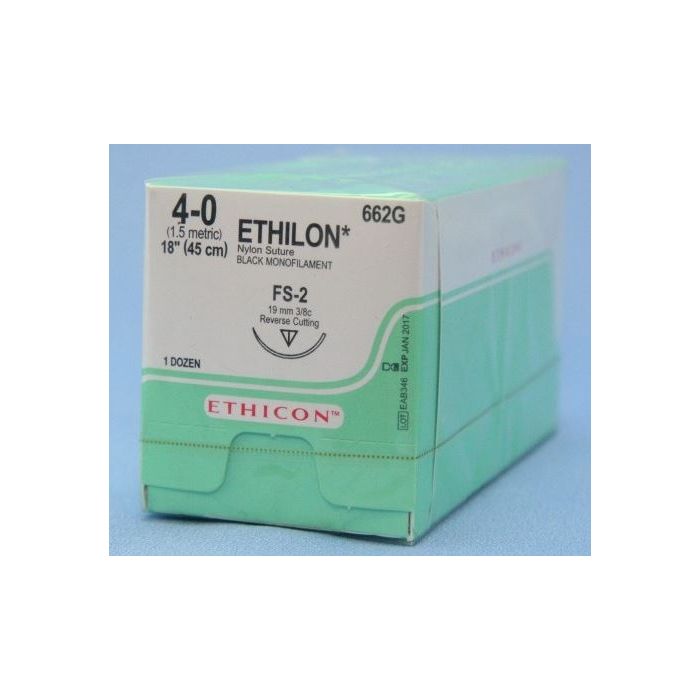 Johnson & Johnson Ethicon Ethilon Sutures, Polymide 6-Mono, 45cm (l), Size 4/0 + 19mm RC Needle (Pack of 12)