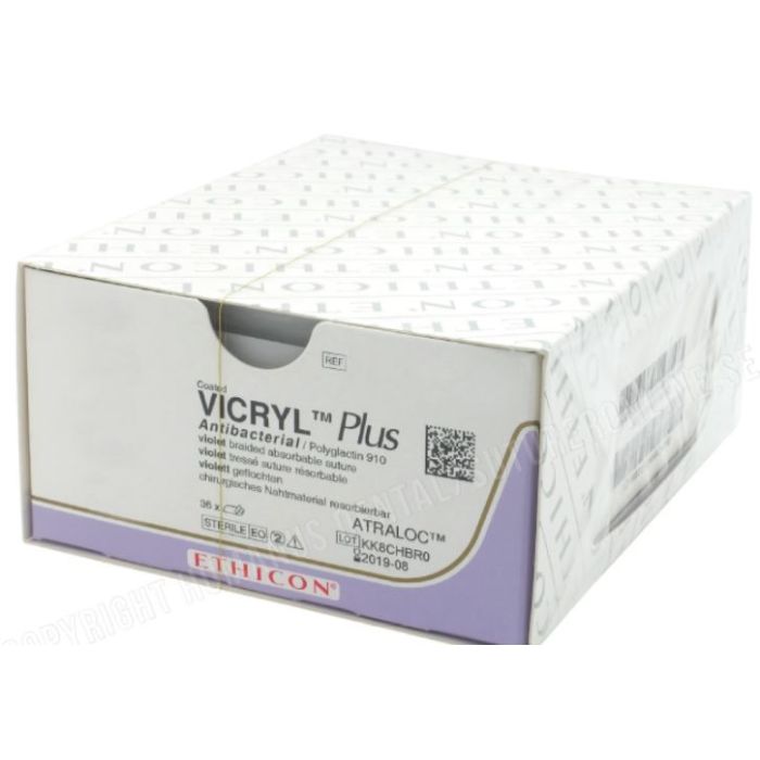 Johnson & Johnson Ethicon Vicryl Plus Antibacterial Sutures, 45cm (l), Size 4-0 + 19mm 3/8 RC Needle (Pack of 36)