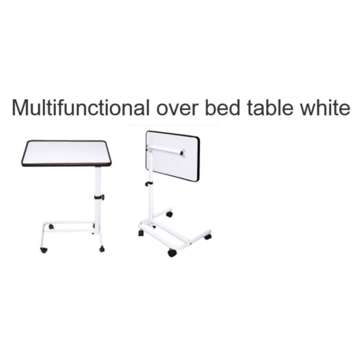 Multifunctional folding overbed table adjustable height from 61 - 94 cm (White)