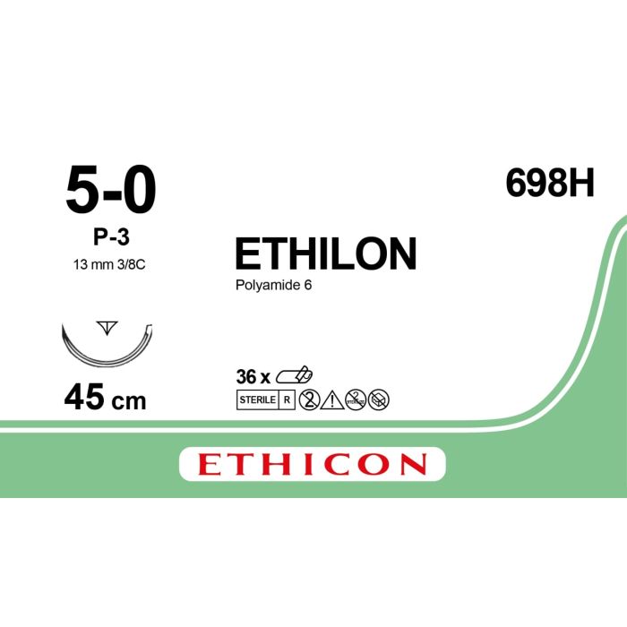 Ethicon Ethilon Nylon Suture, 45cm (l), Size 5-0 + 13mm RC Needle (36 Pack)