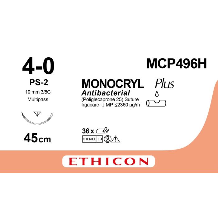 Ethicon Monocryl Plus Antibacterial Suture, 45cm (l), Size 4-0 + 19mm RC Needle (36 Pack)