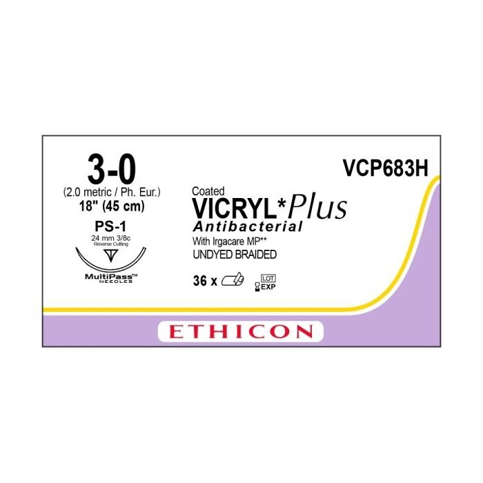 Ethicon Coated Vicryl Plus Antibacterial Sutures, 45cm (l), Size 3-0 + 24mm RC Needle (36 Pack)